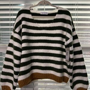Wild Fable V-Neck Striped Sweater - Forest Green, White, and Camel